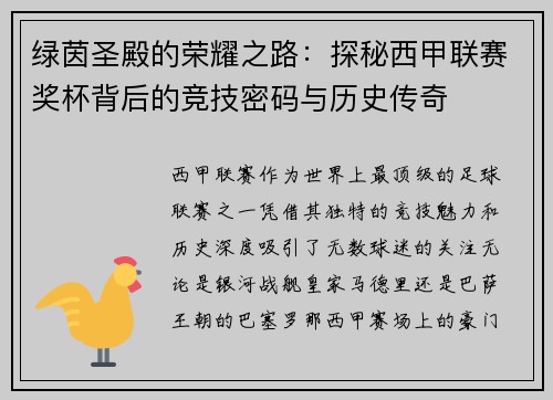 绿茵圣殿的荣耀之路：探秘西甲联赛奖杯背后的竞技密码与历史传奇